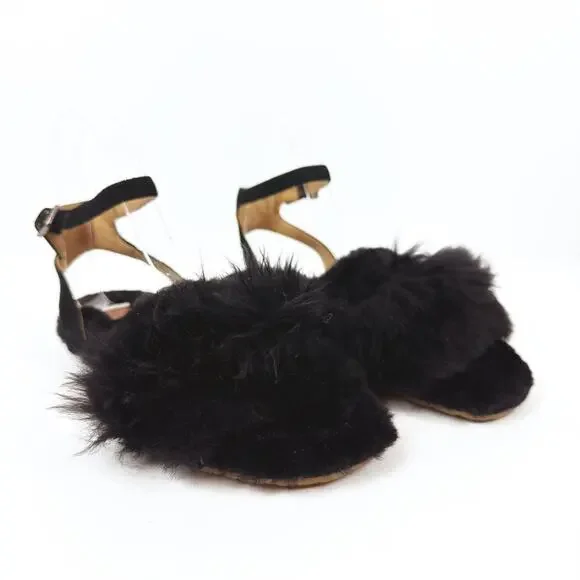 UGG Fluff Fur Black Sandal Women's Size 6 Sheepskin Suede Comfort Unique Cozy - Picture 2 of 7